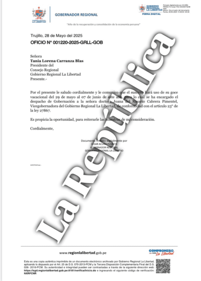 Oficio que envió César Acuña para solicitar sus vacaciones hasta el 7 de junio. Oficio que envió César Acuña para solicitar sus vacaciones hasta el 7 de junio.
