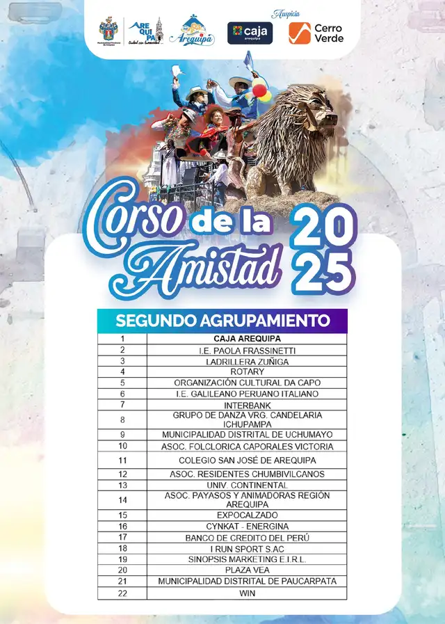  Lista oficial de las agrupaciones del Corso de la Amistad Arequipa. Foto: Municipalidad de Arequipa    