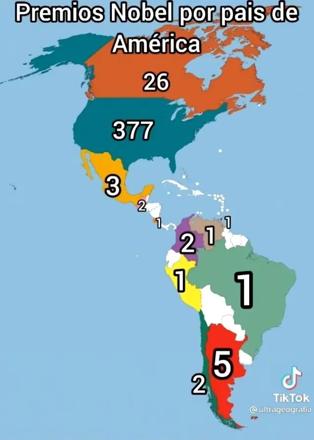 Premios Nobel ganados por países de América. Foto: @ultrageografia/TikTok<br> Premios Nobel ganados por países de América. Foto: @ultrageografia/TikTok<br>