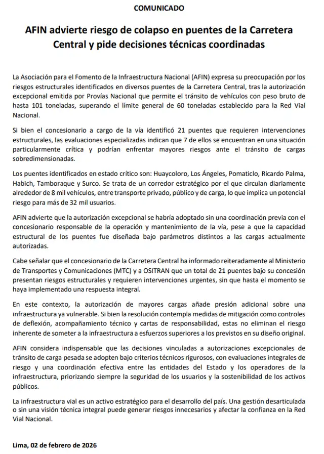  Comunicado sobre riesgos en puentes de la Carretera Central. Foto: AFIN.   