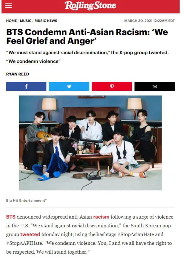 Rolling Stone sobre la campaña para combatir el racismo y xenofobia impulsada por BTS. Foto: captura portal web