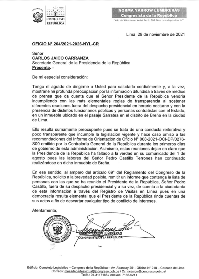 Oficio de Yarrow solicitando informe de reuniones de Pedro Castillo. Foto: captura documento