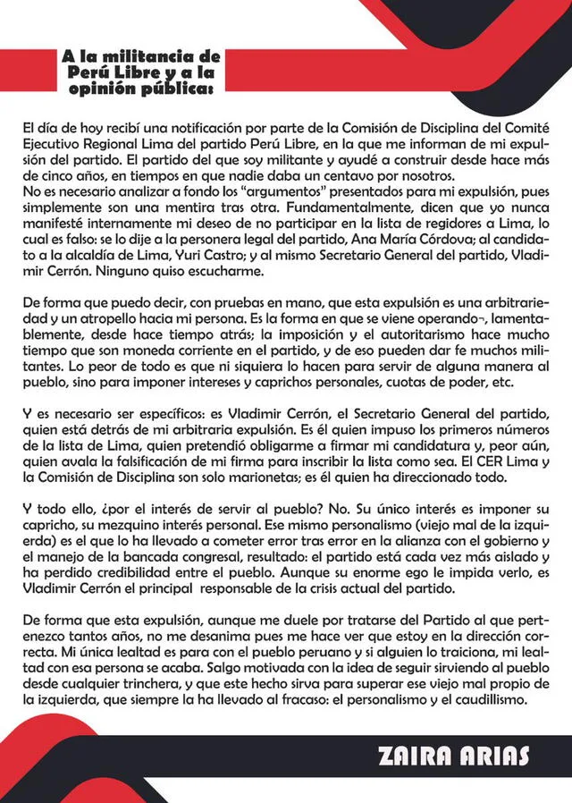Pronunciamiento de Zaira Arias tras su expulsión de Perú Libre. Foto: comunicado oficial
