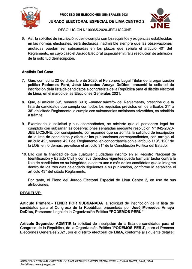 JEE admite lista congresal de Podemos Perú. Foto: captura/Resolución Nº000624-2020-JEE-LIC2/JNE