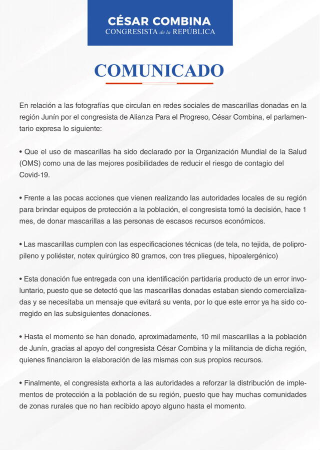 Comunicado de César Combina.