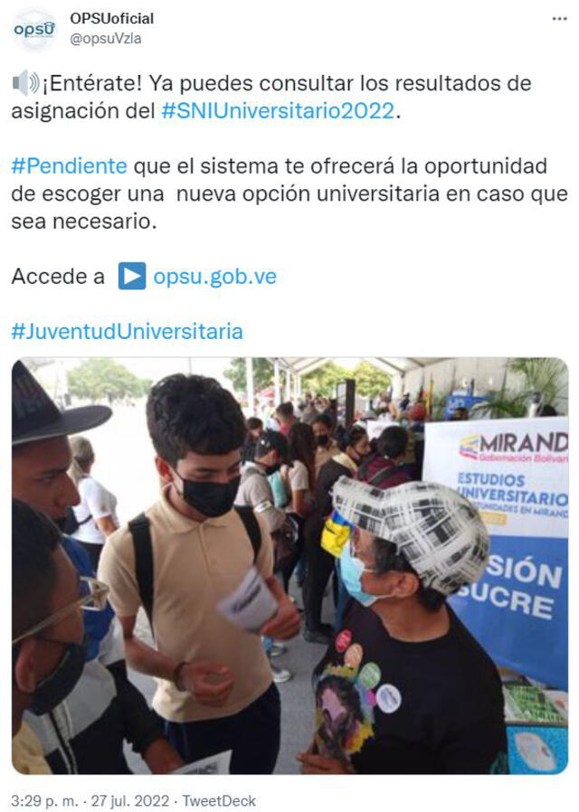 Anuncio de la OPSU sobre la asignación de cupos a las universidades de Venezuela. Foto: captura Twitter