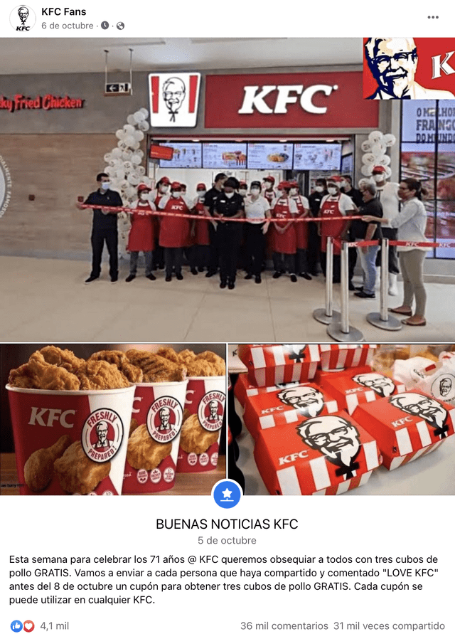 Publicación procede de una página falsa que usa el nombre de KFC. Foto: captura de Facebook
