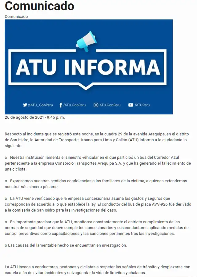 Ciclista muere tras ser atropellada por bus del Corredor Azul en la ...