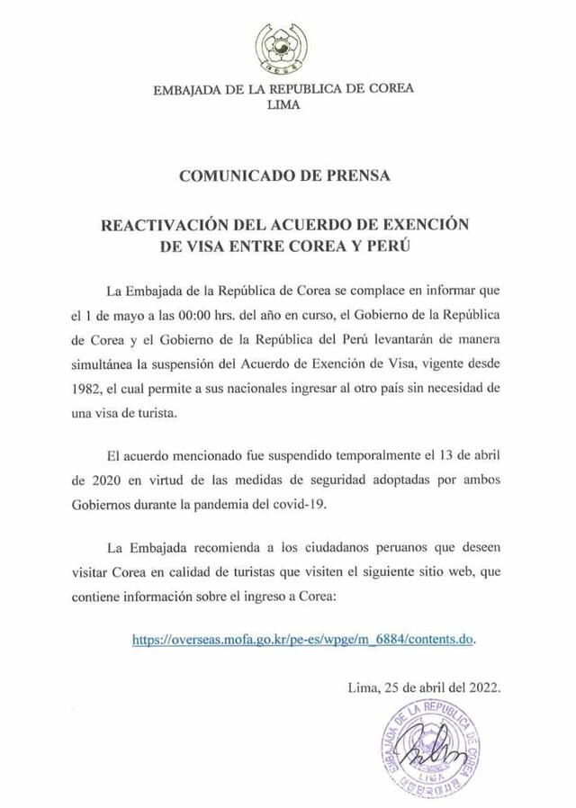 Comunicado fue emitido el lunes 25 de abril. Foto: Embajada de la República de Corea en Perú
