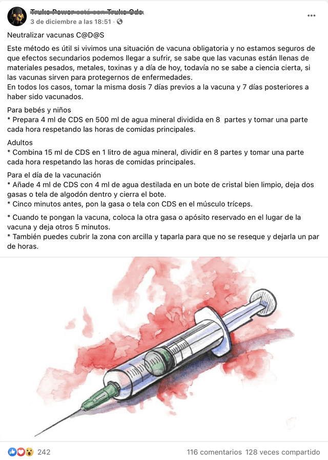Publicación brinda instrucciones para "neutralizar" vacunas con dióxido de cloro. Foto: captura de Facebook