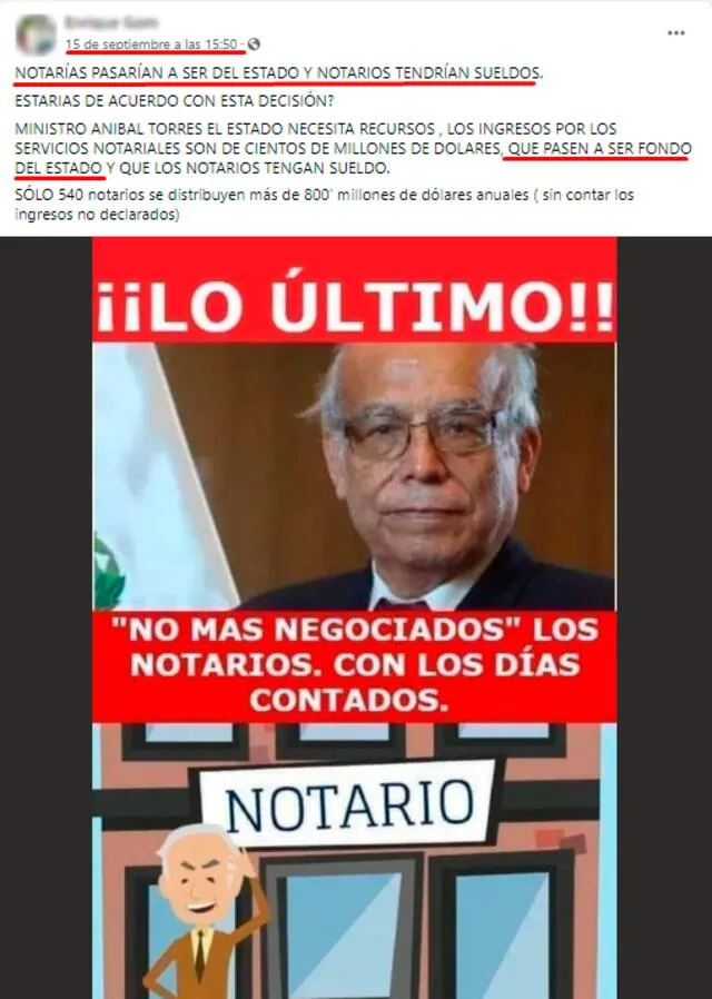 Publicación viralizada en el que atribuyen declaraciones falsas al ministro de justicia Aníbal Torres. FOTO: Captura de Facebook