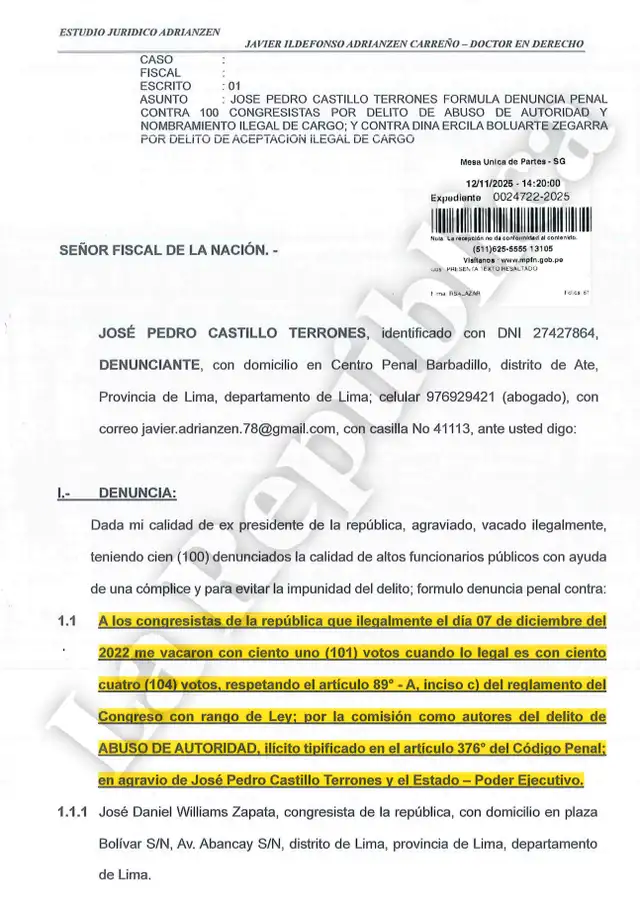 Denuncia de expresidente Pedro Castillo a congresistas. Foto: difusión Denuncia de expresidente Pedro Castillo a congresistas. Foto: difusión