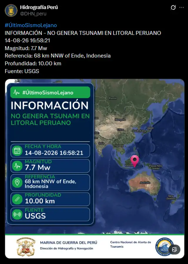 DHN descarta tsunami en el litoral peruano tras terremoto en Indonesia