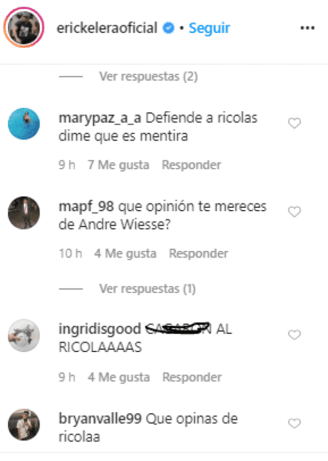 Usuarios le preguntan a Erick Elera sobre los abusos de Andrés Wiese contra Mayra Couto. Foto: captura/Instagram.