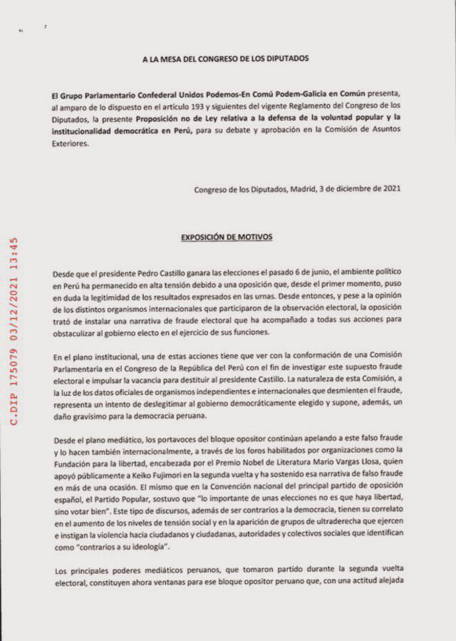 Iniciativa de diputado español para respaldar al Gobierno de Pedro Castillo. Foto: captura de Twitter