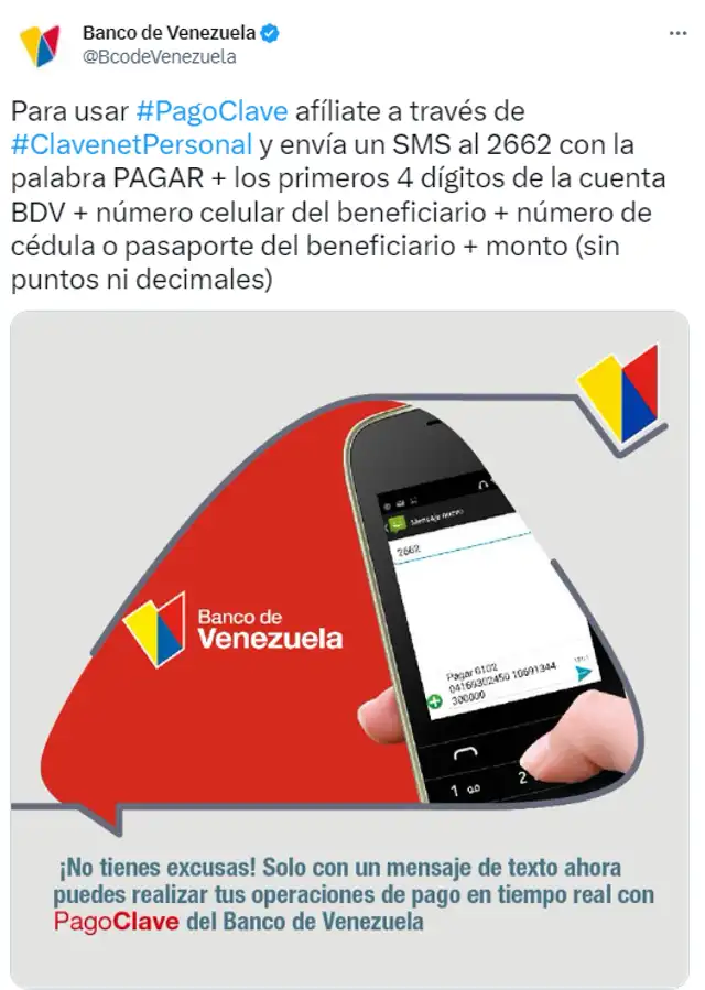 Banco Venezuela brinda el paso a paso para hacer el pago móvil. Foto: Twitter Banco de Venezuela   