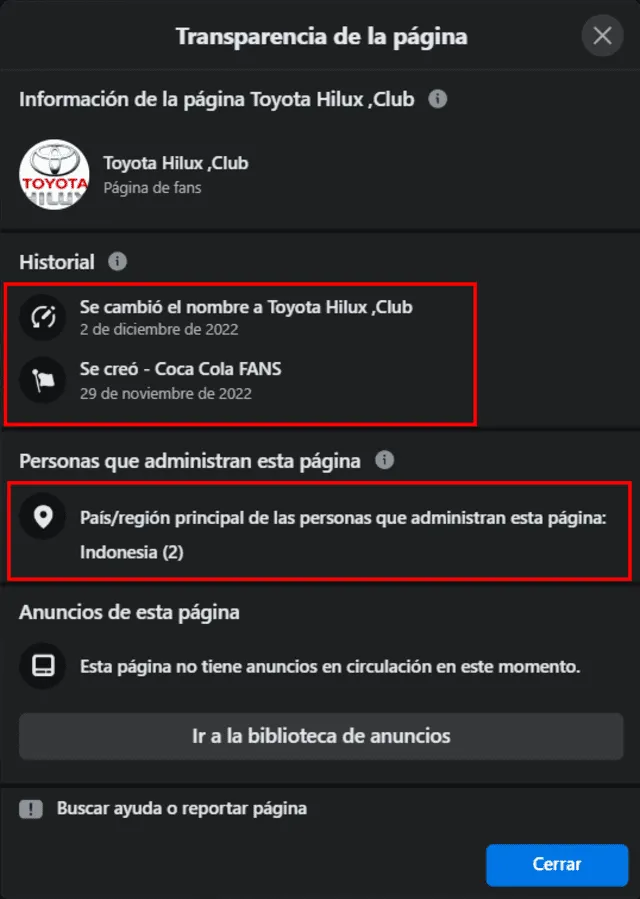 Información de transparencia de la página. Foto: captura de Facebook Información de transparencia de la página. Foto: captura de Facebook