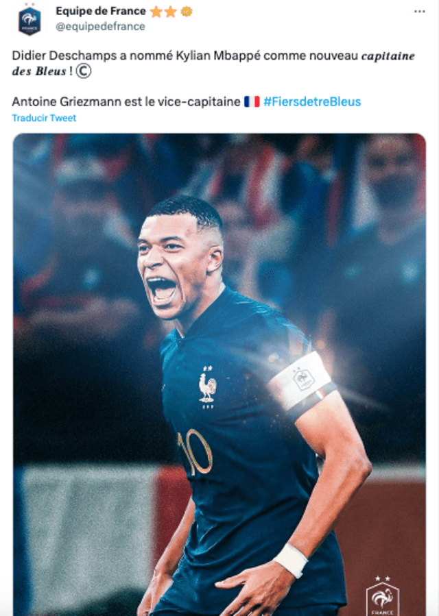 Anuncio de Francia sobre capitanía de Mbappé. Foto: FFF   