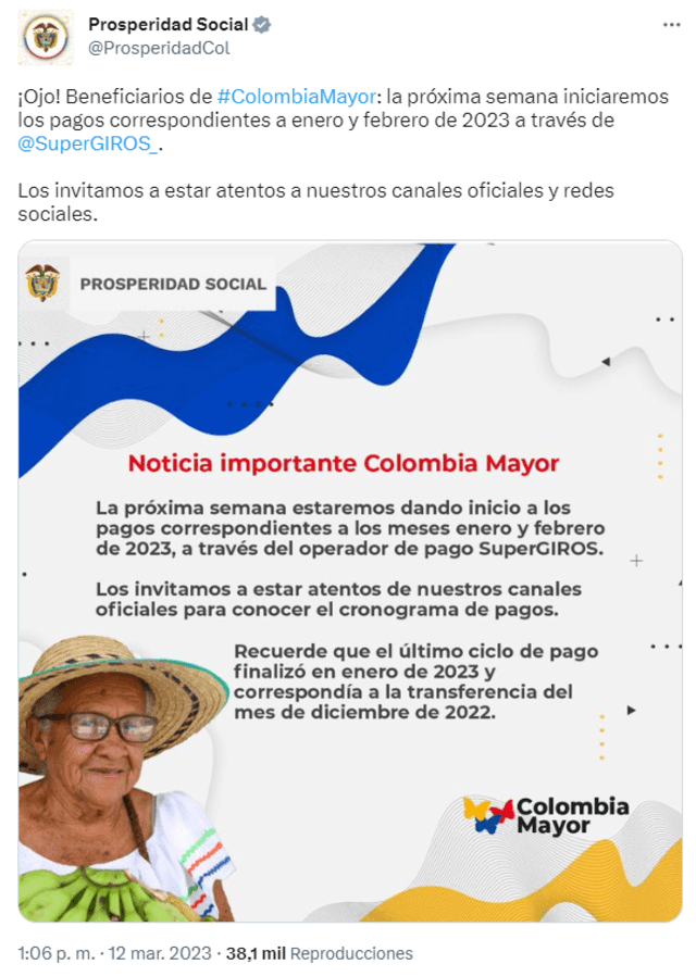 El igual que el pago pasado, SuperGIROS se encargará del pago del bono Colombia Mayor 2023 en sus más de 27.000 agencias a nivel nacional. Foto: Prosperidad Social.