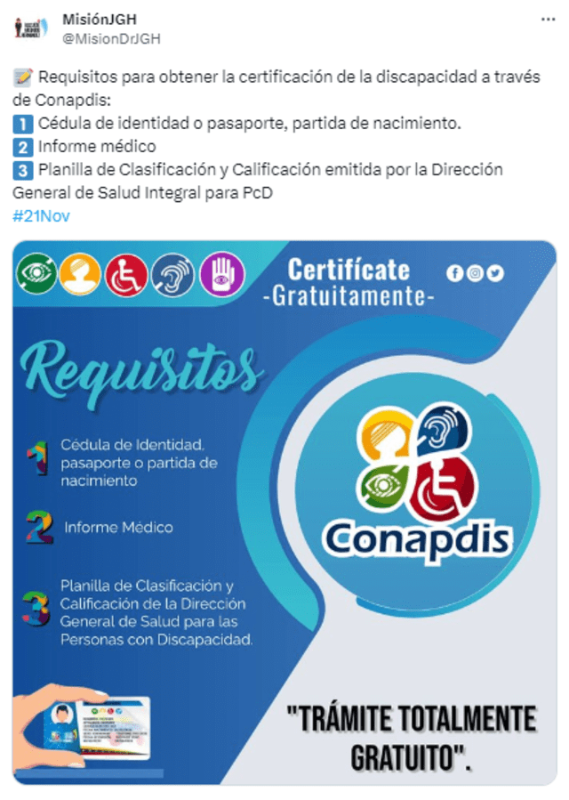  Estos son los requisitos para obtener la certificación del Conapdis. Foto: MisionDrJGH/Twitter   
