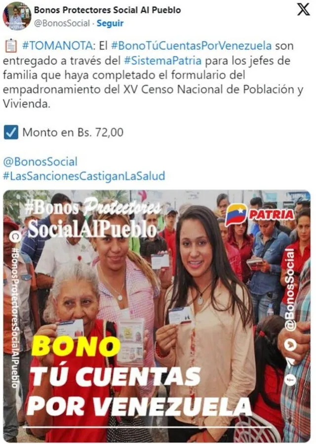 Anuncio del Bono Tú Cuentas Por Venezuela. Foto: Bonos Protectores Social Al Pueblo   