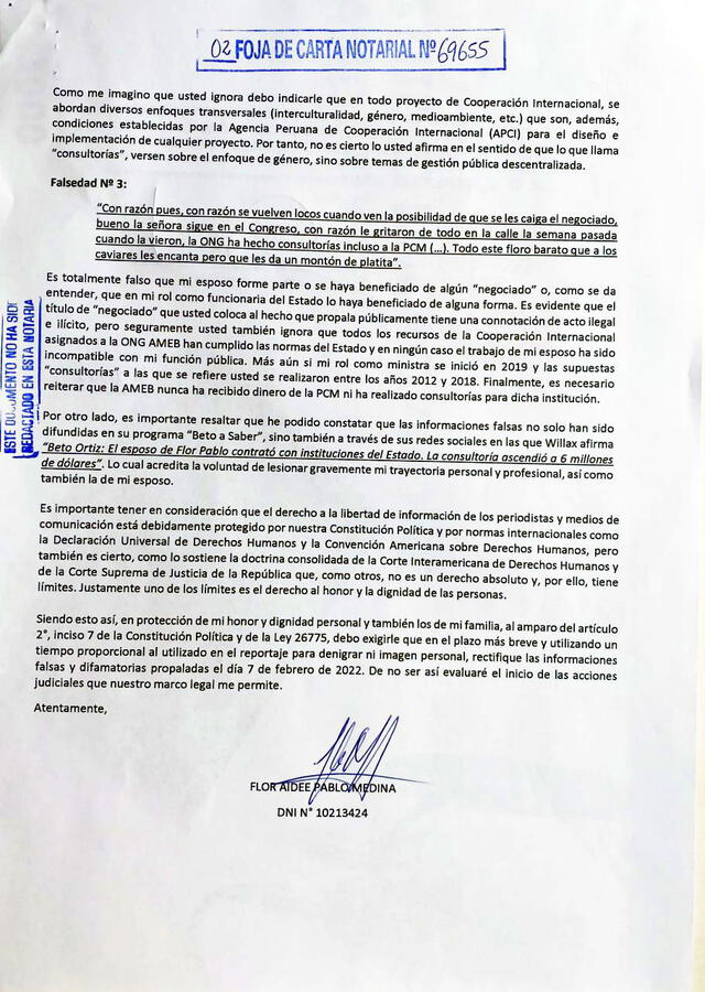 Carta notarial de Flor Pablo a Beto Ortiz. Foto: captura de Twitter