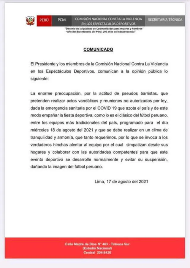 Comunicado de la Comisión contra la Violencia en Espectáculos Deportivos antes del Universitario vs. Alianza Lima. Foto: captura web