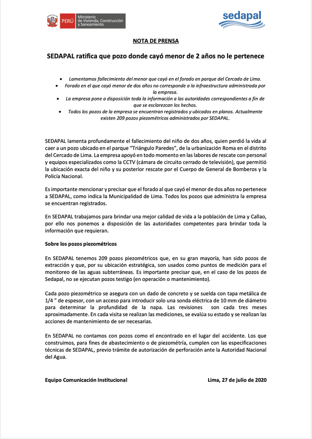 Comunicado institucional de Sedapal. Foto: Captura.