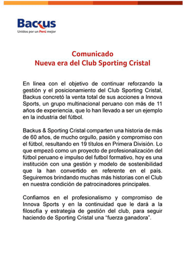 Sporting Cristal fue vendido por cinco millones de dólares.