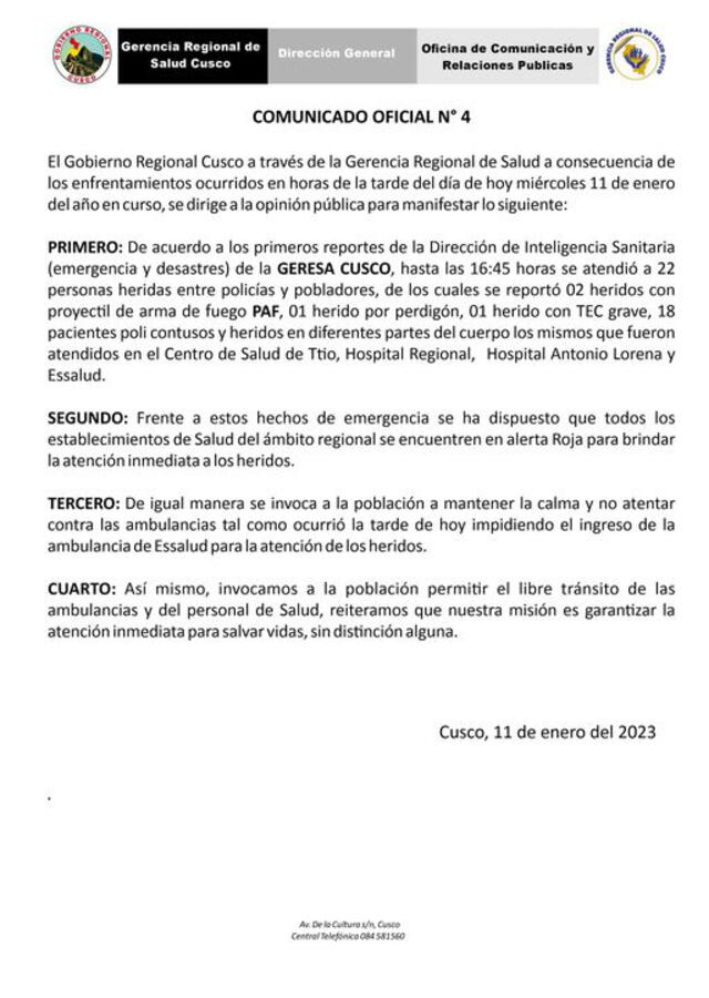 Comunicado Gerencia Regional de Cusco. Foto: difusión