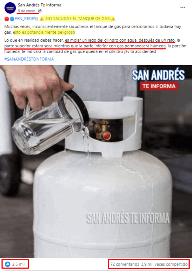 Primera publicación rastreada por Verificador en la que se recomienda echar agua encima de un balón de gas para saber si está vacío. FOTO: Captura de Facebook.