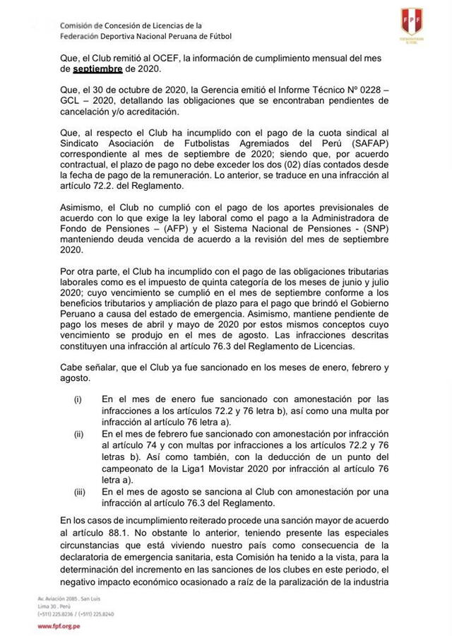 Resolución de la Comisión de Licencias de la FPF por sanción de Carlos Stein. Foto: FPF