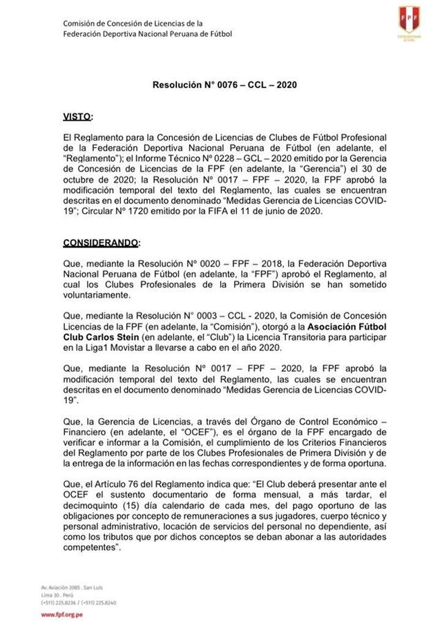 Resolución de la Comisión de Licencias de la FPF por sanción de Carlos Stein. Foto: FPF
