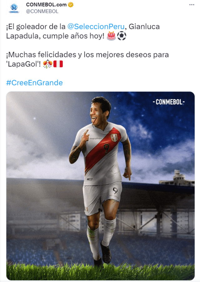 La Conmebol saludó a Lapadula por su cumpleaños. Crédito: captura de Twitter/@CONMEBOL   