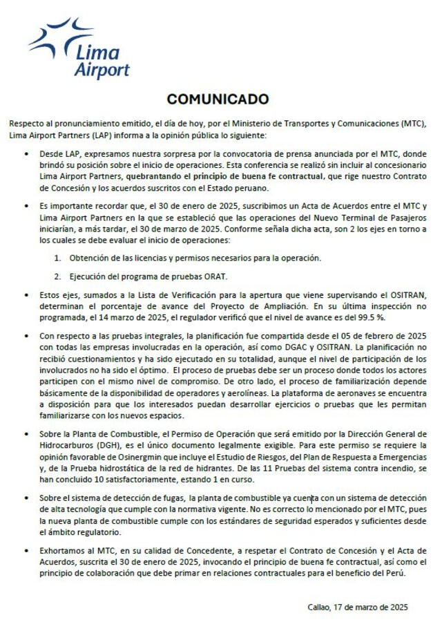 Comunicado de LAP. Comunicado de LAP.