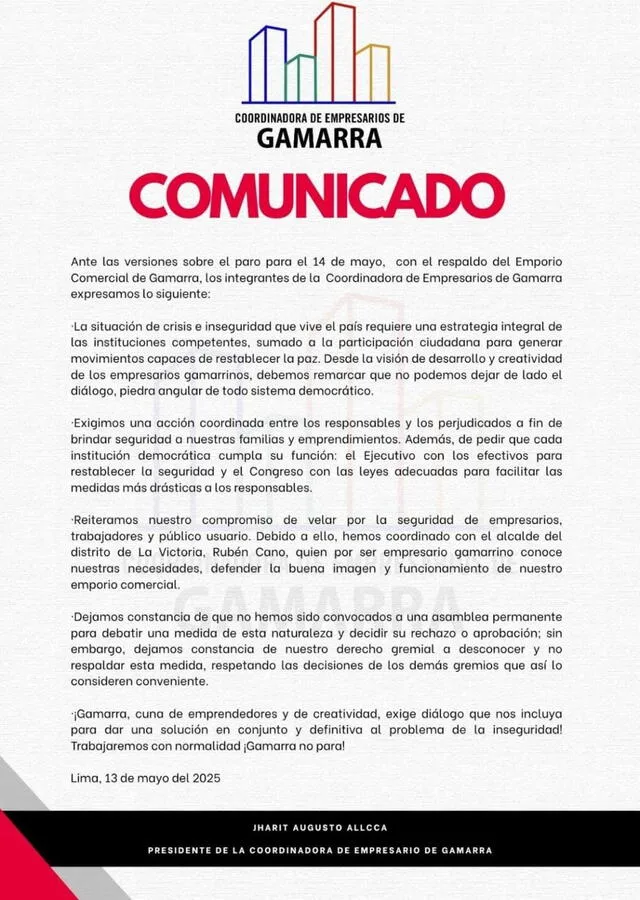 Gamarra habló sobre su trabajo el 14 de mayo. Foto: Comunicado de Gamarra Perú Gamarra habló sobre su trabajo el 14 de mayo. Foto: Comunicado de Gamarra Perú