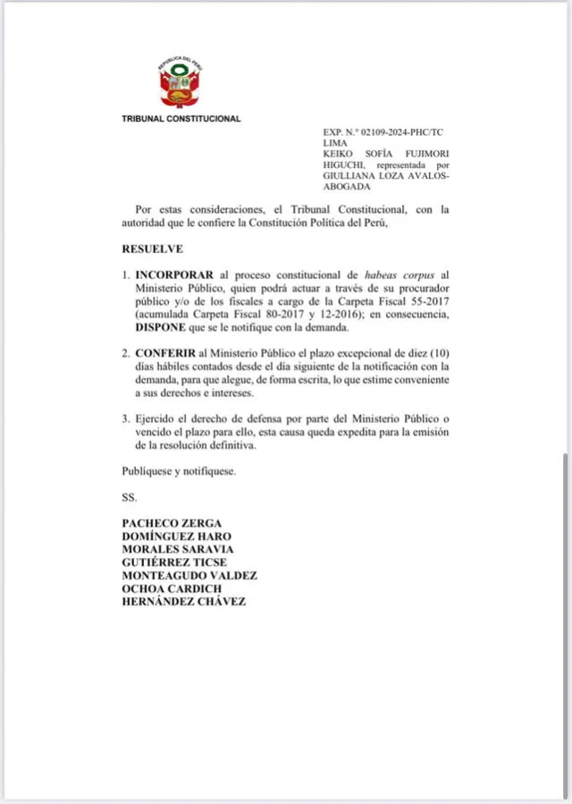 Auto del Tribunal Constitucional que autoriza la incorporación del Ministerio Público al Habeas Corpus de Keiko. Foto: x Auto del Tribunal Constitucional que autoriza la incorporación del Ministerio Público al Habeas Corpus de Keiko. Foto: x