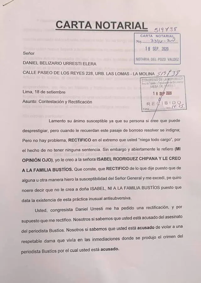 Carta notarial de Richard Cisneros contra Daniel Urresti. Foto: Captura Facebook Richard Cisneros.