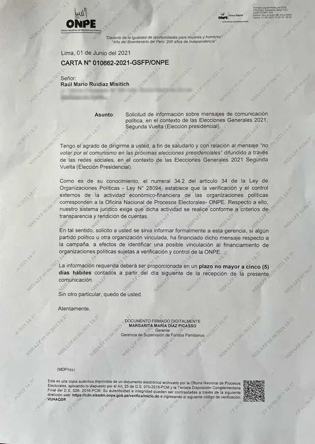 Carta dirigida a Raúl Ruidiaz. Foto: ONPE
