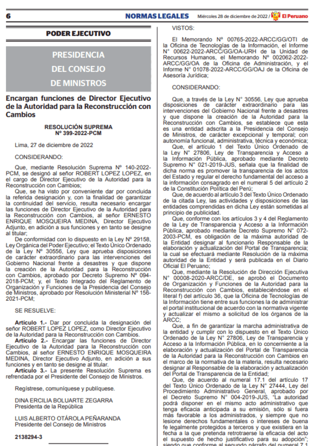 Resolución Suprema Nº 399-2022-PCM. Foto: El Peruano