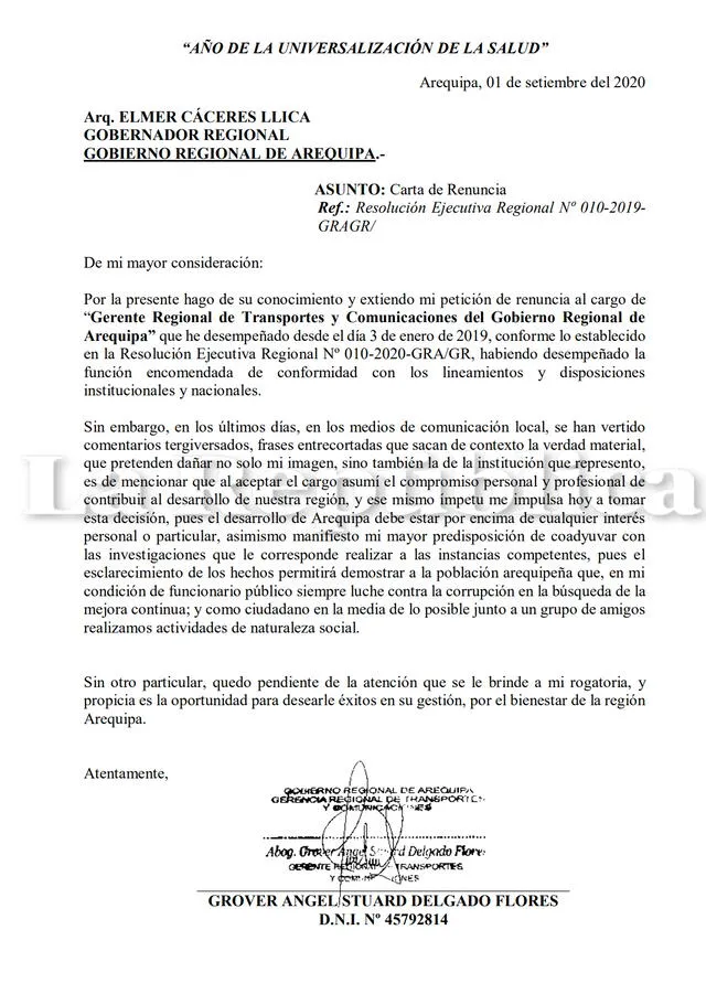 Carta de renuncia fue presentada este martes. Foto: Captura- GRA