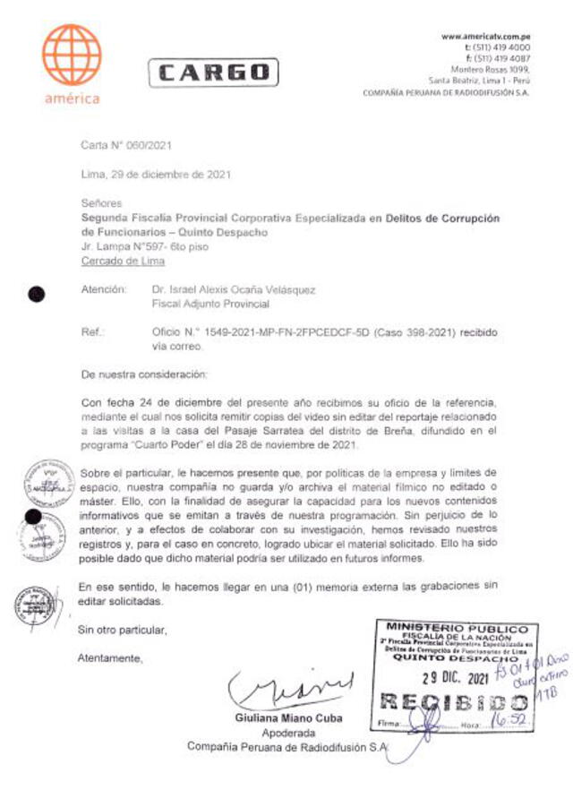 Oficio de América enviado al Ministerio Público sobre las visistas de Pedro Castillo en la casa de Breña.