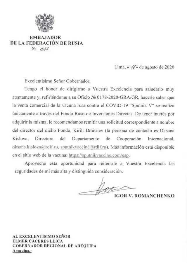 Carta de embajador de Rusia a gobernador Elmer Cáceres Llica.
