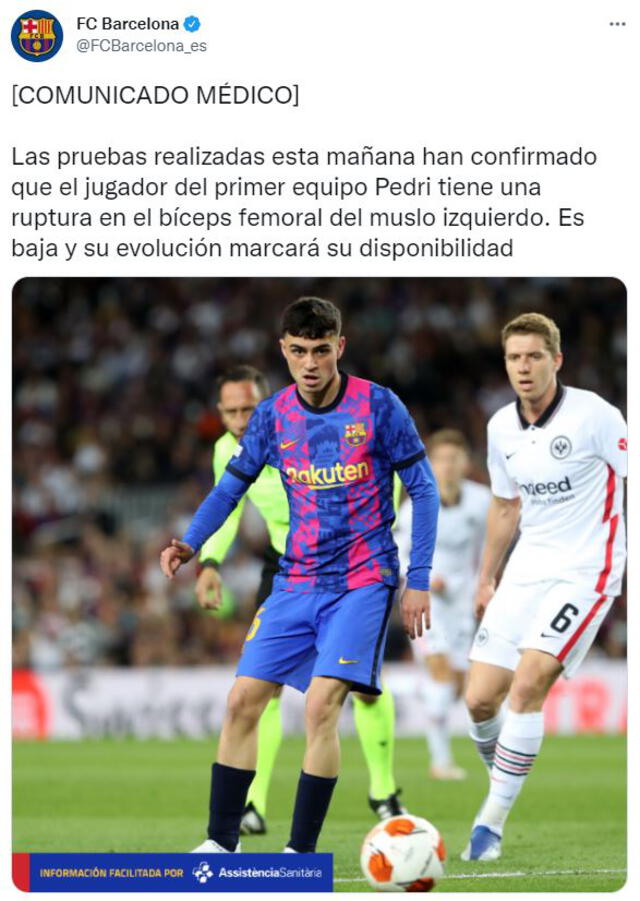FC Barcelona también usó sus rede sociales para anunciar la lesión de Pedri. Foto: Captura Twitter