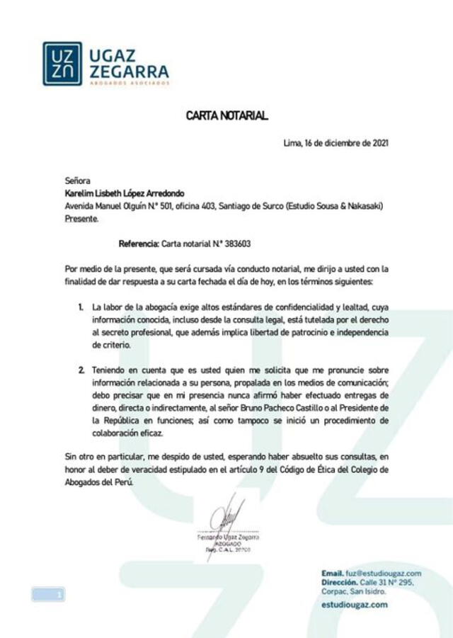 Respuesta de Fernando Ugaz a la carta notarial de Karelim López.