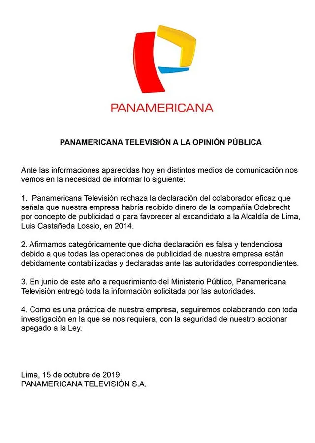 Comunicado de Panamericana Televisión.