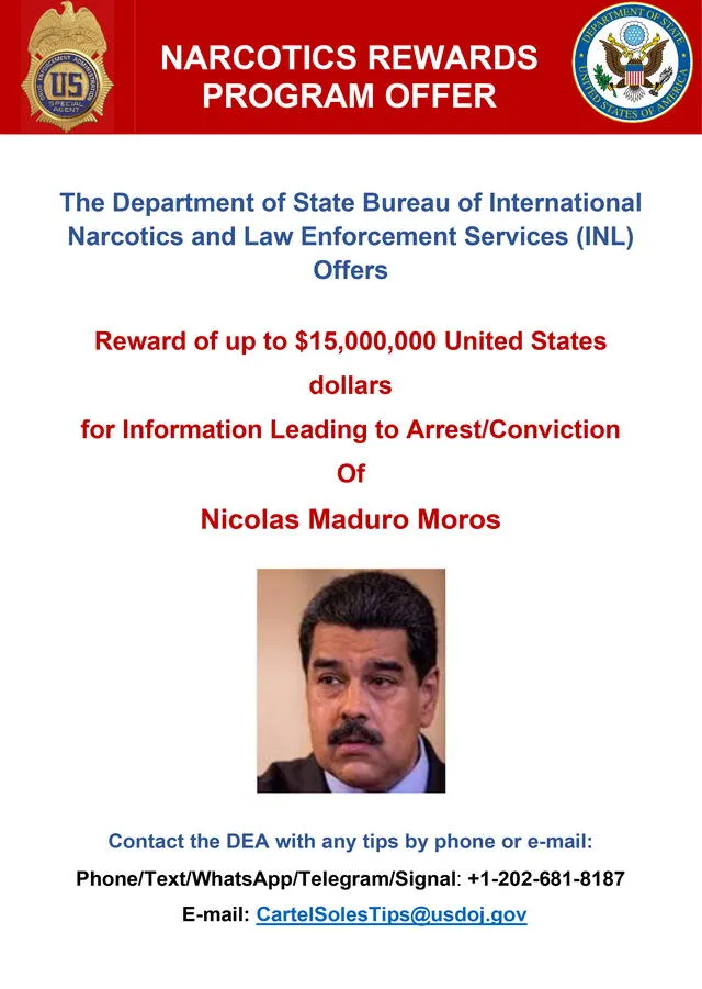 Aviso de recompensa por la captura de Nicolás Maduro. Foto: Departamento de Estado USA   