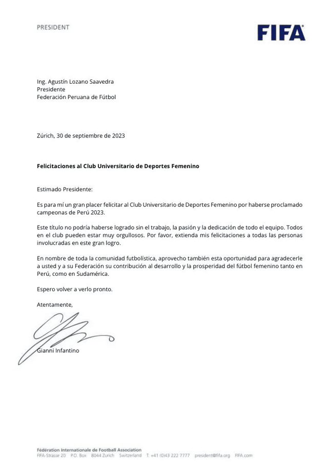 Carta de la FIFA para felicitar a Universitario. Foto: FIFA   