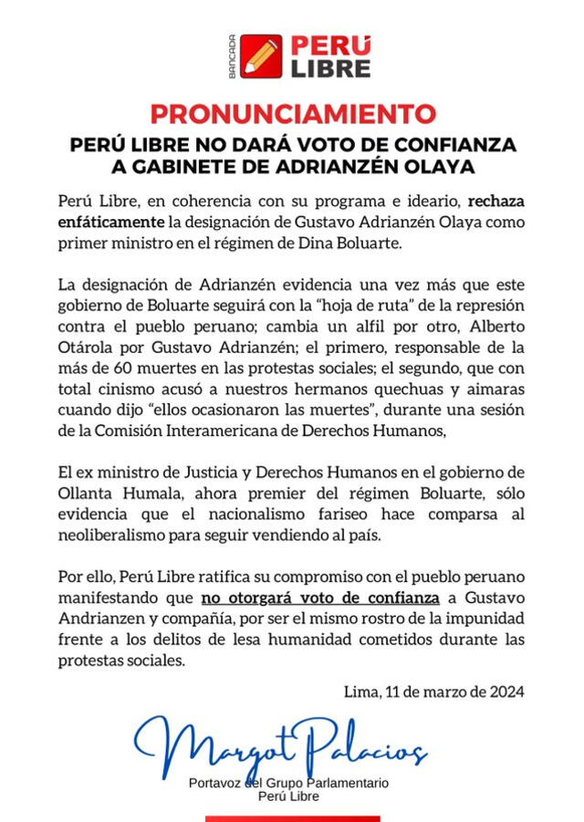 Bancada de Perú Libre sobre designación de Gustavo Adrianzén como primer ministro: "Cambia un alfil por otro". Foto: Perú Libre/X   