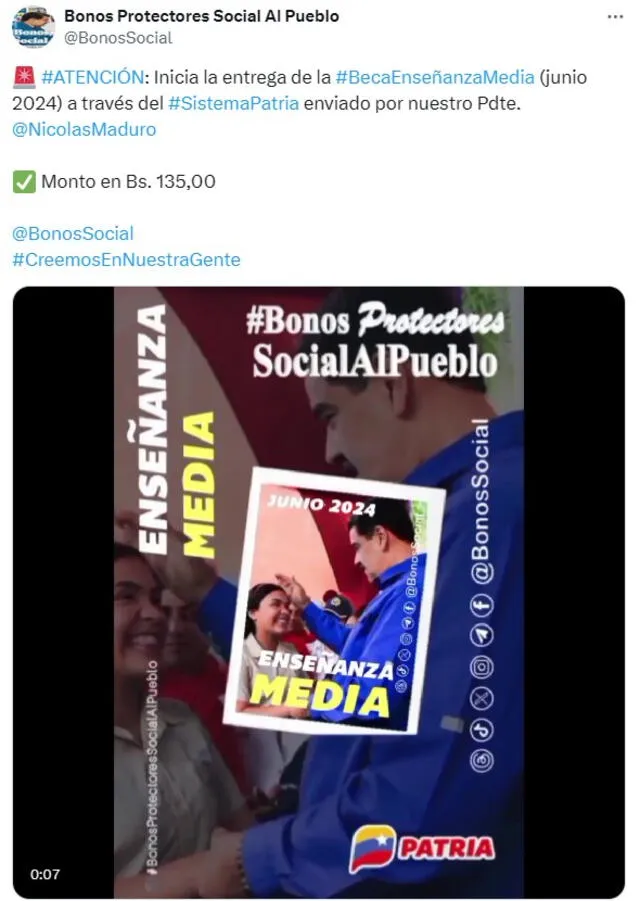 El pago de la Beca Enseñanza Media se paga a través del Sistema Patria. Foto: X/ Bonos Social